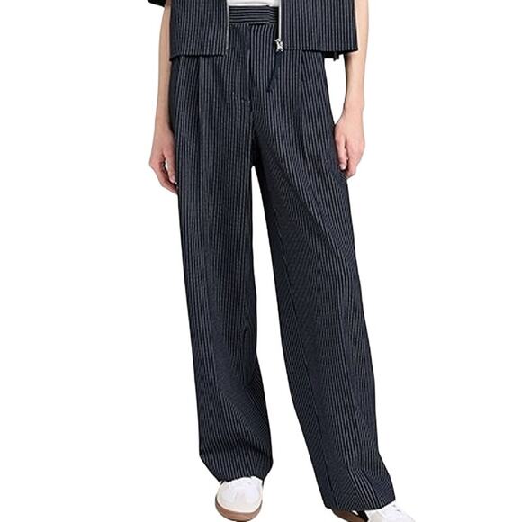 Theory Demitria Pale Stripe Pants Zip Fly High Rise Wide Leg Navy Blue 8